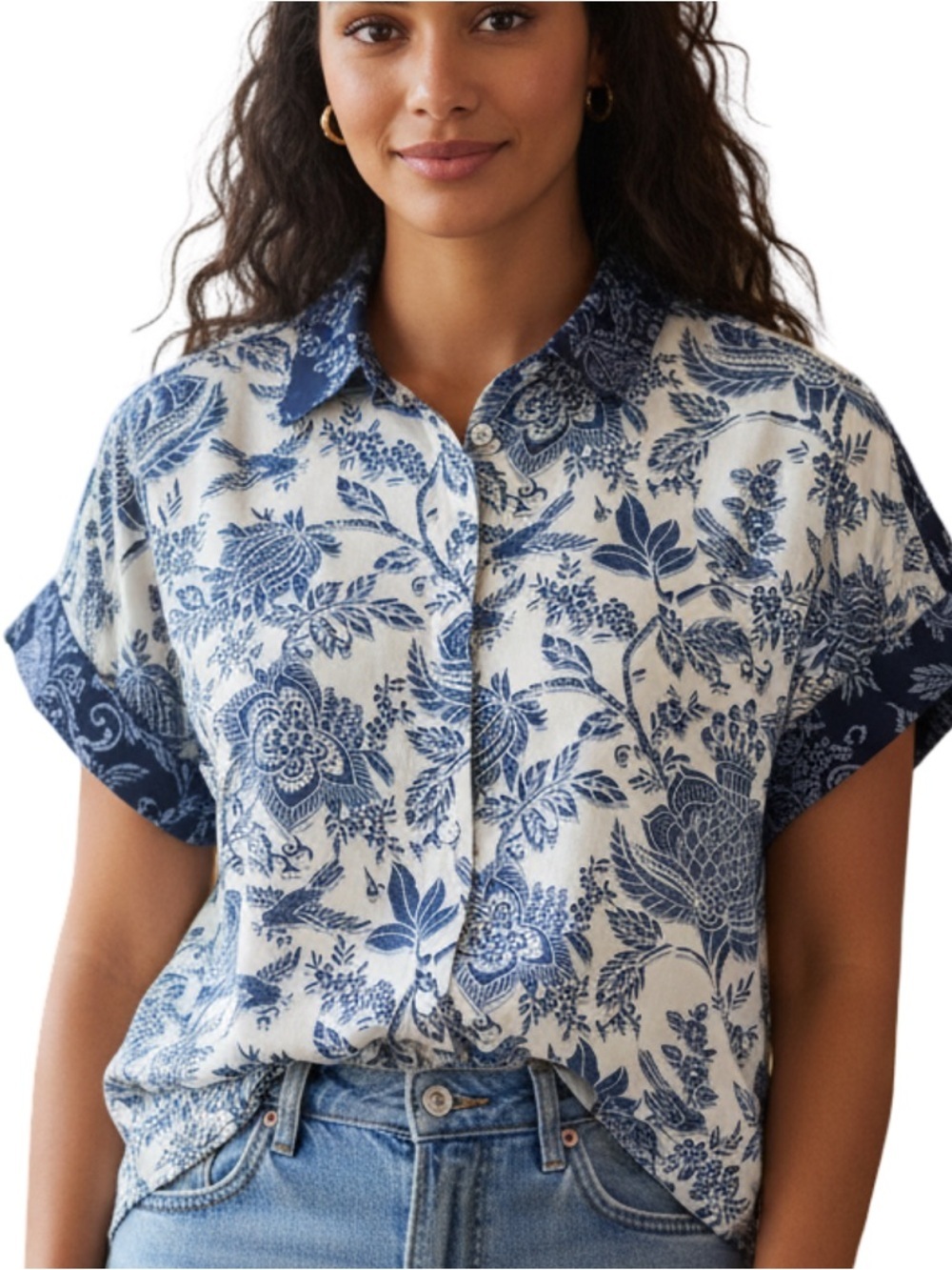 Liverpool Woman’s Galaxy Blue Botanical Bird Print Camp Shirt XS
